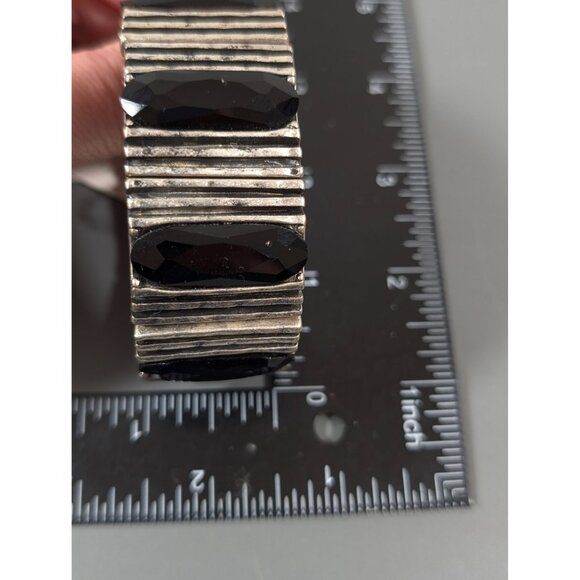 Attitudes Black Glass Bracelet Industrial Modernist Silver Tone Stretch 6.5" - Picture 9 of 9